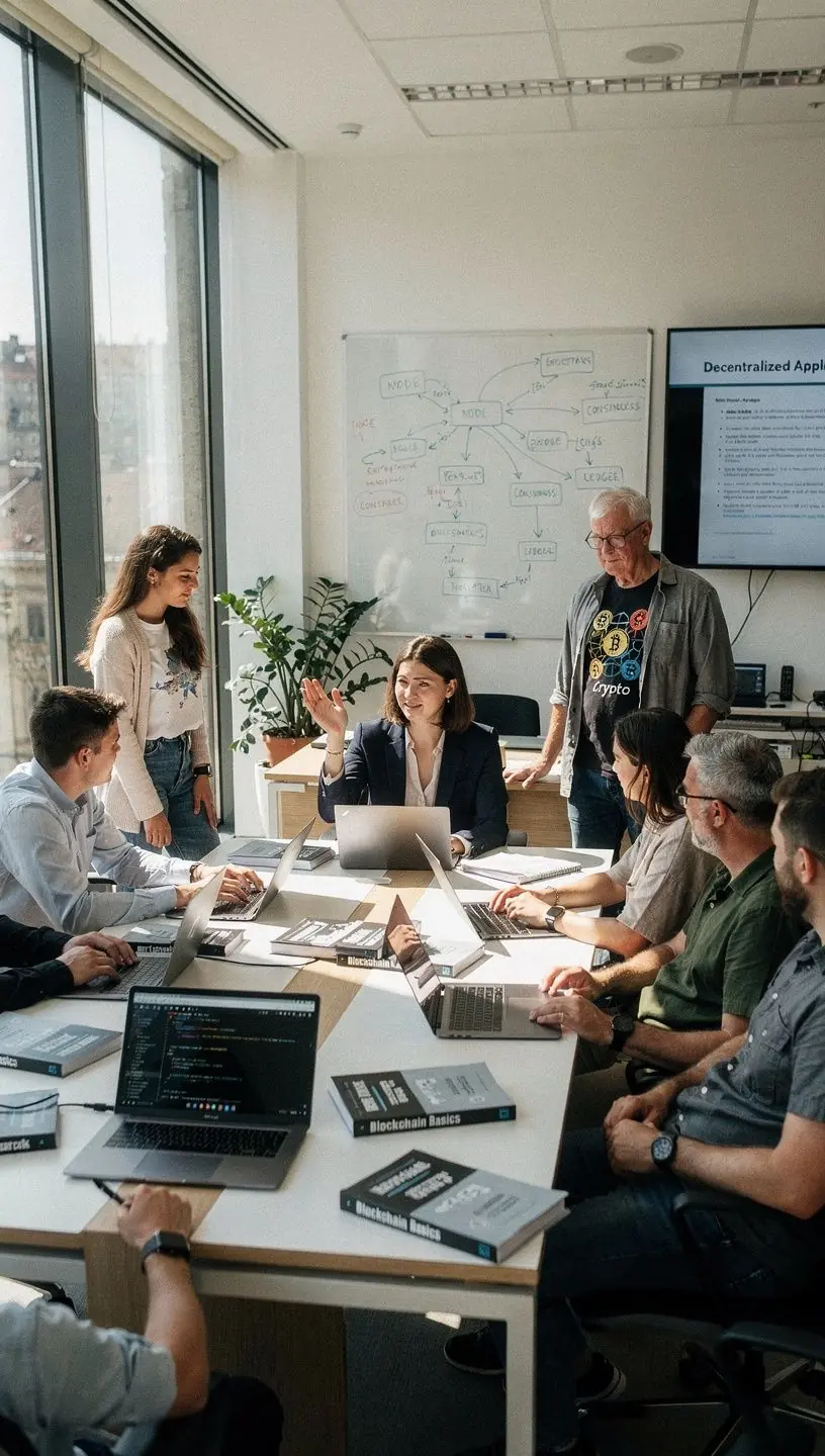 Diákok egy csoportja, akik kriptovaluta tanfolyamon vesznek részt.