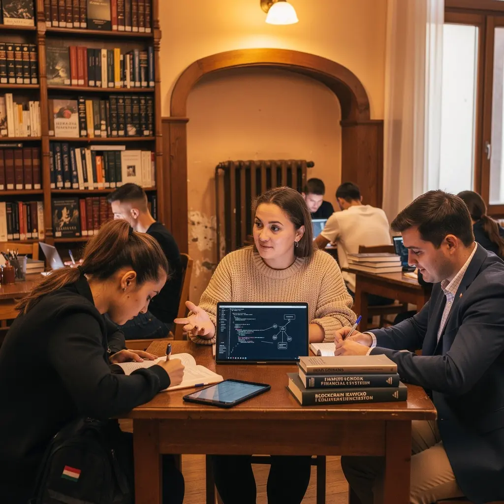 Diákok, akik közösen tanulnak a decentralizált pénzügyekről és okosszerződésekről.