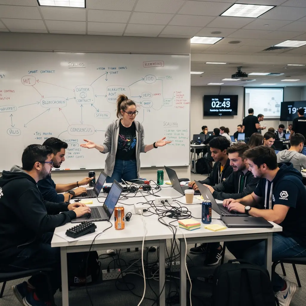 Diákok, akik közösen tanulnak a decentralizált pénzügyekről és okosszerződésekről.