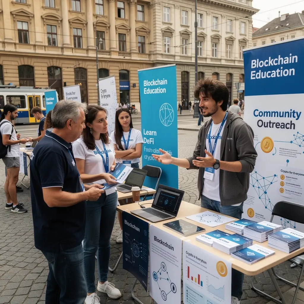 Diákok, akik közösen tanulnak a decentralizált pénzügyekről és okosszerződésekről.